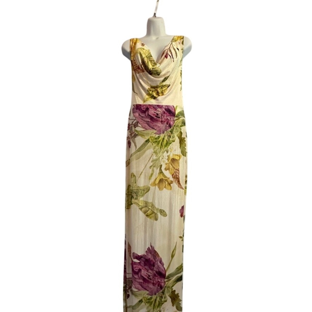 PrettyLittleThing Dress Floral Cowl Neck Sleeveless Maxi Casual Party Ivory Sz 2